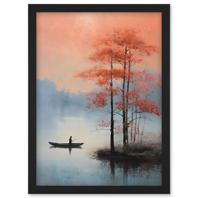 Artery8 Wall Art Print Canoe Boat on Misty Lake Oil Painting Landscape Blue Pink Blossom Tree Early Morning Artwork Framed A4 in Black - image 1