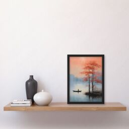 Artery8 Wall Art Print Canoe Boat on Misty Lake Oil Painting Landscape Blue Pink Blossom Tree Early Morning Artwork Framed A4 in Black - thumbnail 2