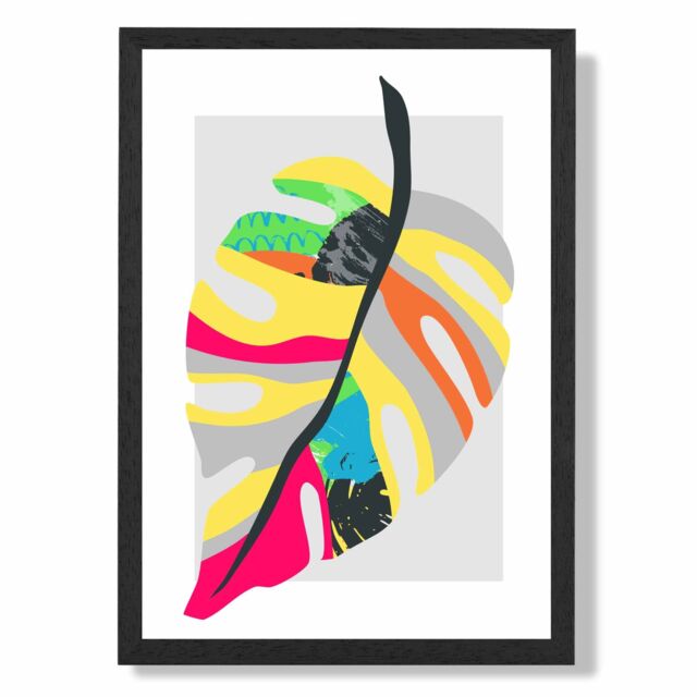 ARTZE Tropical Monstera Blue & Green Abstract Minimalist Framed Print SIZE: A4 with Black Frame in Mid Blue - image 1