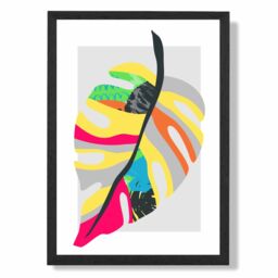 ARTZE Tropical Monstera Blue & Green Abstract Minimalist Framed Print SIZE: A4 with Black Frame in Mid Blue - thumbnail 1