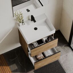 Banyetti Akiro 600mm Wall Hung Vanity Unit with Veneto 1 Tap Hole Basin - Walnut - thumbnail 2