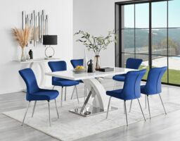 FurnitureboxUK Atlanta 6 White Dining Table & 6 Nora Silver Leg Chairs in Blue