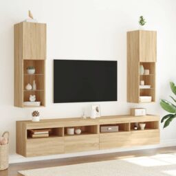 Berkfield Home TV Cabinets with LED Lights 2 pcs Sonoma Oak 30.5x30x102 cm in Brown - thumbnail 3
