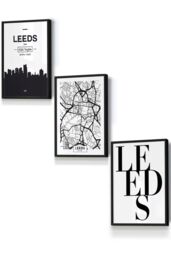 ARTZE LEEDS Skyline Street Map City Prints Framed Wall Art - Small in Black - Size: W33 cm x H45 cm x D20mm
