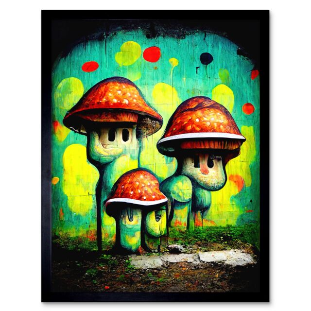 "Artery8 Wall Art Print Trippy Red Cap Mushroom Houses Street Art Graffiti Mural Art Framed in Black - Size: W12"" x H16""" - image 1