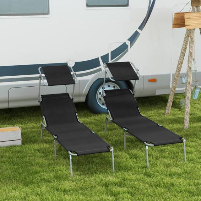 OUTSUNNY Folding Sun Lounger Set of 2 w/ Sunshade Adjustable Backrest in Black - image 1
