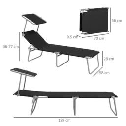 OUTSUNNY Folding Sun Lounger Set of 2 w/ Sunshade Adjustable Backrest in Black - thumbnail 3