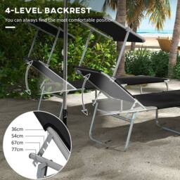 OUTSUNNY Folding Sun Lounger Set of 2 w/ Sunshade Adjustable Backrest in Black - thumbnail 4