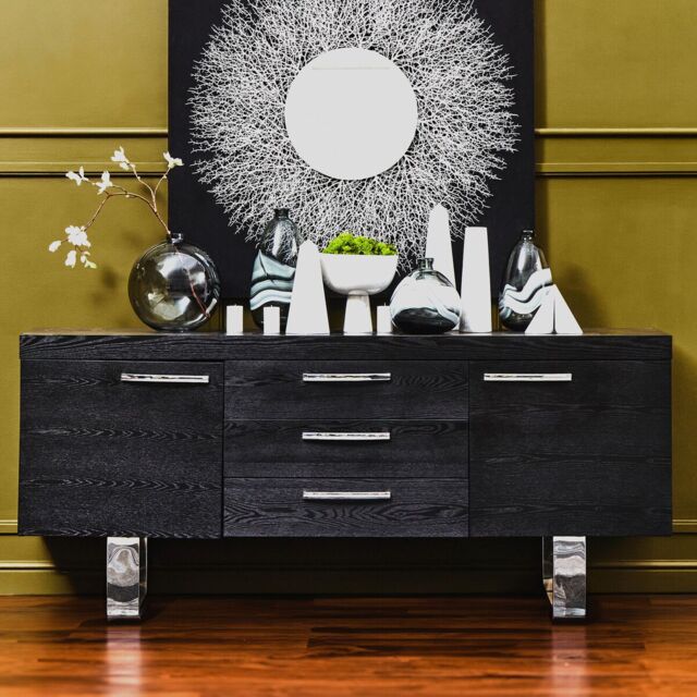 Orsina Grey Elm Wood Sideboard, Natural Grey‑Finished Elm Cabinet with Polished Stainless‑Steel U‑Legs in Black - image 1