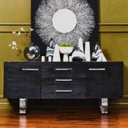 Orsina Grey Elm Wood Sideboard, Natural Grey‑Finished Elm Cabinet with Polished Stainless‑Steel U‑Legs in Black