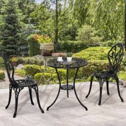 OUTSUNNY 3 Piece Bistro Set, Aluminium Garden Furniture with Umbrella Hole in Black - thumbnail 1