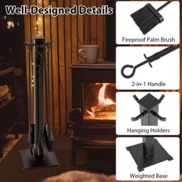 Costway 5 Pieces Fireplace Tools Set 81cm Modern Metal Fireside Accessories in Black - thumbnail 3