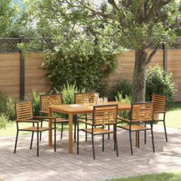 Berkfield Home 7 Piece Garden Dining Set Black Poly Rattan Acacia - thumbnail 2