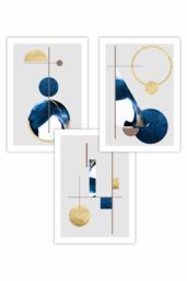 ARTZE Set of 3 Abstract Textured Geometric Art in Navy Blue & Gold Art Posters - Size: W59 cm x H84 cm - thumbnail 1
