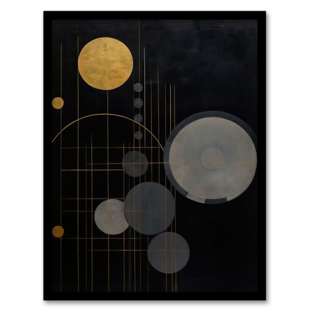Wee Blue Coo Wall Art Print Golden Soot Abstract Geometric Oil Painting Planet Orbits Vertical Solar System Art Framed in Black - Size: A4 - image 1
