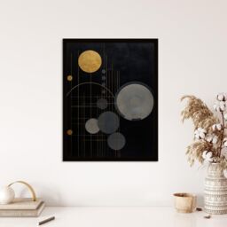 Wee Blue Coo Wall Art Print Golden Soot Abstract Geometric Oil Painting Planet Orbits Vertical Solar System Art Framed in Black - Size: A4 - thumbnail 4