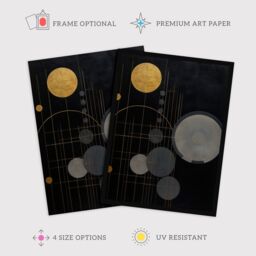 Wee Blue Coo Wall Art Print Golden Soot Abstract Geometric Oil Painting Planet Orbits Vertical Solar System Art Framed in Black - Size: A4 - thumbnail 2