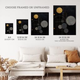 Wee Blue Coo Wall Art Print Golden Soot Abstract Geometric Oil Painting Planet Orbits Vertical Solar System Art Framed in Black - Size: A4 - thumbnail 3