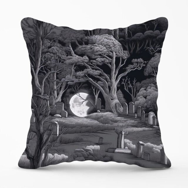 Warren Reed - Designer Eerie Moonlit Cemetery Outdoor Cushion in Grey - Size: 60 cm x 60 cm - image 1