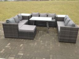 Fimous 10 Seater U Shape Rattan Sofa Set Outdoor Garden Furniture Patio Dining Table Dark Grey Mixed - thumbnail 1