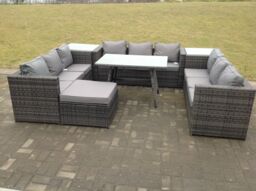 Fimous 10 Seater U Shape Rattan Sofa Set Outdoor Garden Furniture Patio Dining Table Dark Grey Mixed - thumbnail 3