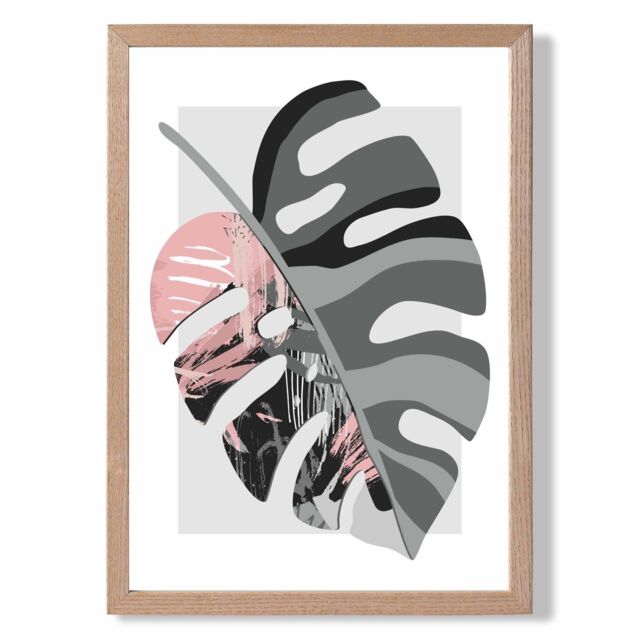 ARTZE Monstera Grey & Pink Boho Botanical Framed Print SIZE: A4 with Oak Frame - image 1