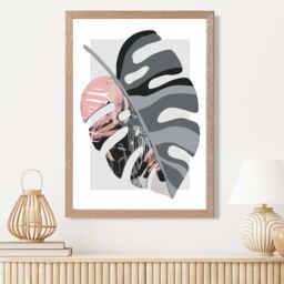 ARTZE Monstera Grey & Pink Boho Botanical Framed Print SIZE: A4 with Oak Frame - thumbnail 2