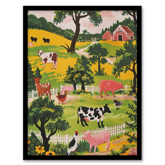 "Artery8 Cute Farm Animals Cow Pig Chickens Painting Framed Art Print in Green - Size: W12"" x H16""" - image 1