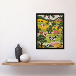 "Artery8 Cute Farm Animals Cow Pig Chickens Painting Framed Art Print in Green - Size: W12"" x H16""" - thumbnail 4
