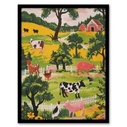 "Artery8 Cute Farm Animals Cow Pig Chickens Painting Framed Art Print in Green - Size: W12"" x H16""" - thumbnail 1