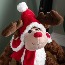 Samuel Alexander 30cm Sitting Plush Christmas Reindeer with Red Hat & Scarf in Brown - thumbnail 4