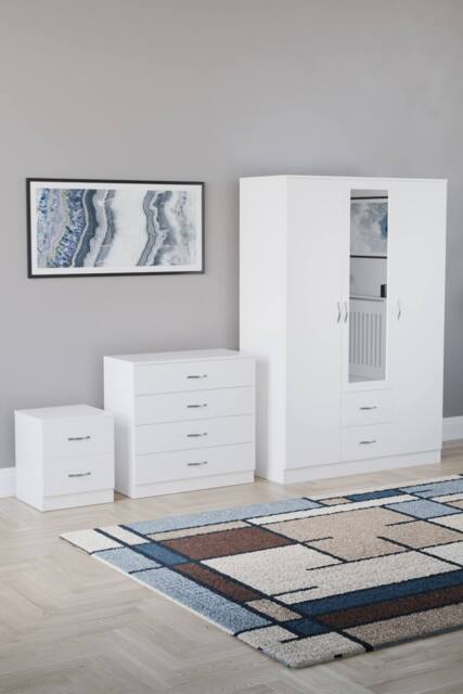 Home Discount Vida Designs 3Pc Bedroom Set 2Bedside, 4 Drawer Chest, Mirror Wardrobe in White - image 1