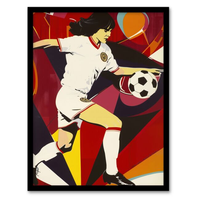 Artery8 Female Footballer in Motion Artwork Red Powerful Framed Art Print - Size: A4 - image 1
