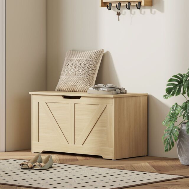 HOMCOM Storage Trunk with 2 Safety Hinges, 80cm, Natural Wood Finish - image 1