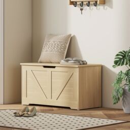 HOMCOM Storage Trunk with 2 Safety Hinges, 80cm, Natural Wood Finish - thumbnail 1