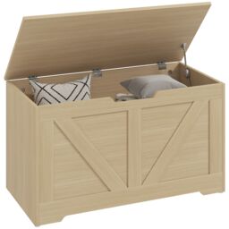 HOMCOM Storage Trunk with 2 Safety Hinges, 80cm, Natural Wood Finish - thumbnail 2