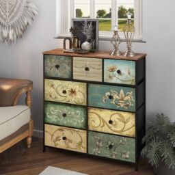 FURNOS 9 Fabric Drawer Bedroom Dresser With Floral Patterns Storage Organiser in Brown - thumbnail 3