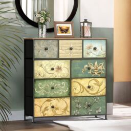 FURNOS 9 Fabric Drawer Bedroom Dresser With Floral Patterns Storage Organiser in Brown - thumbnail 1
