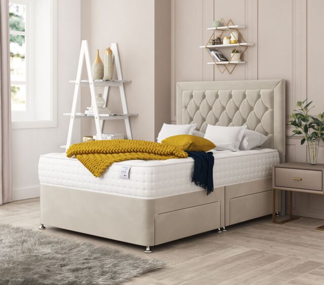 Bed Choices Montana Bed Set No drawer - Includes Mattress & Headboard - Plush Velvet in Cream - Size: Super King - image 1