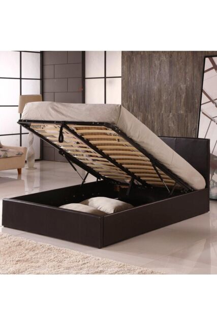 Modernique Ottoman Double Storage Bed Faux Leather with Gas Lift Up Base in Brown - Size: Super King - image 1