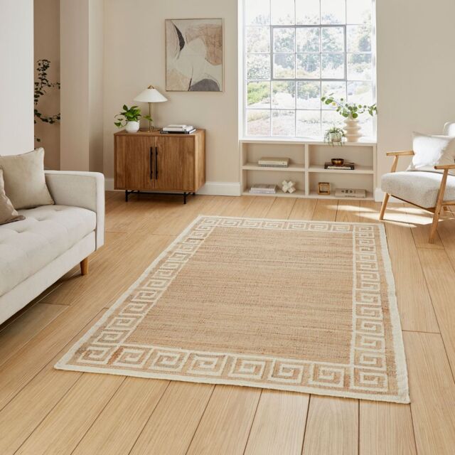 The Rug Shop UK Beige Border Modern Geometric Jute Easy To Clean Ivory Area Rug - Size: 160 cm x 230 cm - image 1
