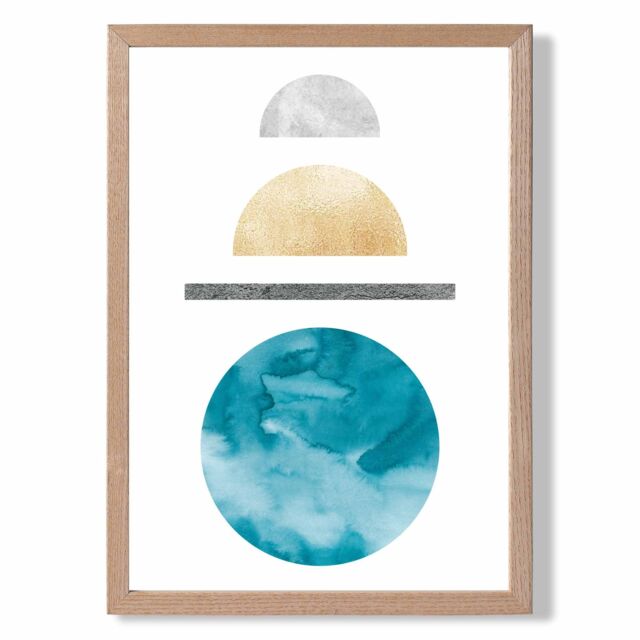 ARTZE Yellow & Aqua Circles Mid Century Geometric Framed Print SIZE: A4 with Oak Frame - image 1