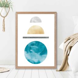 ARTZE Yellow & Aqua Circles Mid Century Geometric Framed Print SIZE: A4 with Oak Frame - thumbnail 2