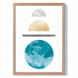 ARTZE Yellow & Aqua Circles Mid Century Geometric Framed Print SIZE: A4 with Oak Frame
