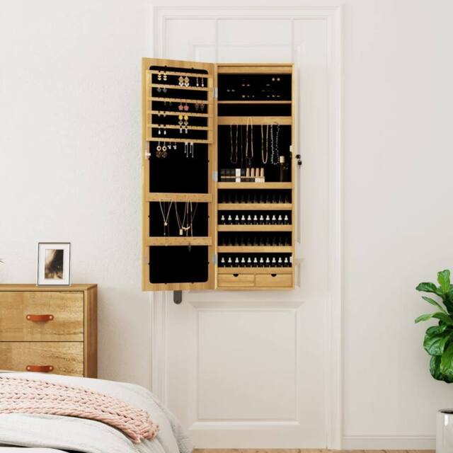 Berkfield Home Mirror Jewellery Cabinet with LED Lights Wall Mounted in Brown - image 1