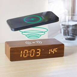 Bergstrom Wood Effect Wireless Charging Alarm Clock with LED Display in Brown - thumbnail 1