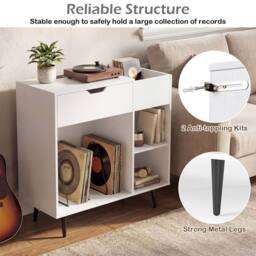 Costway Record Player Stand Wooden Turntable End Table w/ Built-In Power Strip in White - thumbnail 6