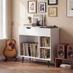 Costway Record Player Stand Wooden Turntable End Table w/ Built-In Power Strip in White - thumbnail 7