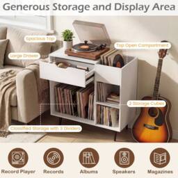 Costway Record Player Stand Wooden Turntable End Table w/ Built-In Power Strip in White - thumbnail 5