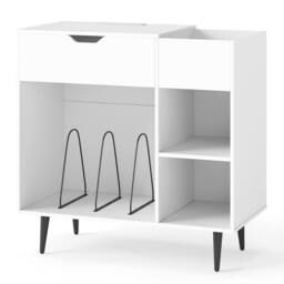 Costway Record Player Stand Wooden Turntable End Table w/ Built-In Power Strip in White - thumbnail 4